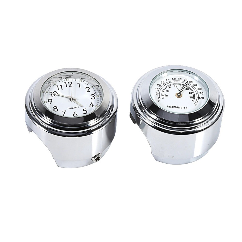 7/8" 1" Motorcycle Handlebar Mount Watch Dial Clock & Thermometer Temp White