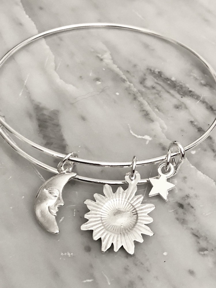 Sun Moon and Star Celestial bright Silver charm Expandable Bangle Bracelet