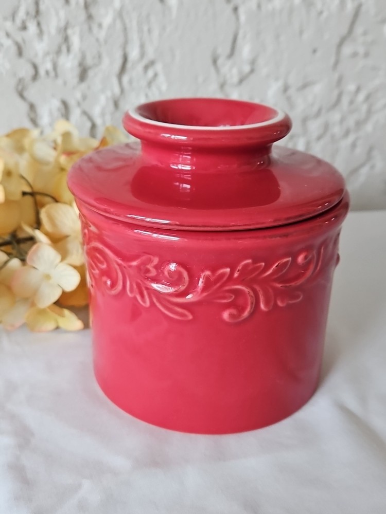 Tremain Original Butter Bell Crock Red Scroll Pattern