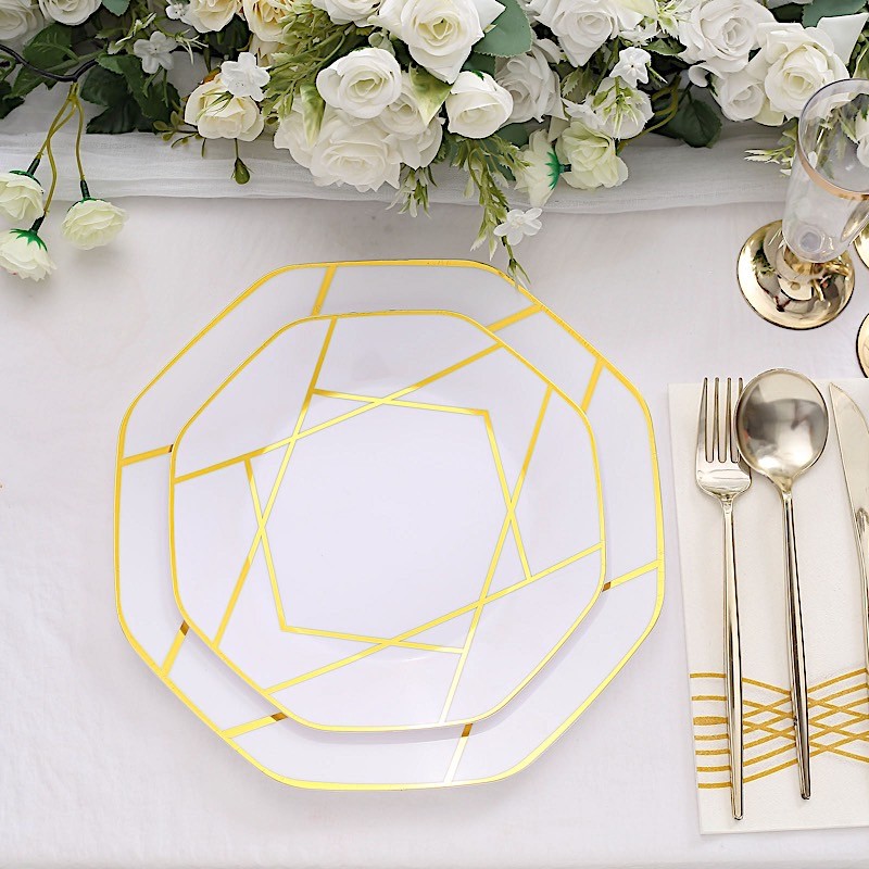 10 WHITE GOLD 10" Octagon DISPOSABLE DINNER PLATES Geometric Party Tableware