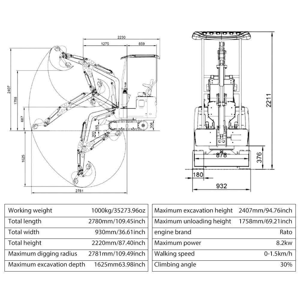 1 Ton Mini Excavator Rato Engine EPA Certified Hydraulic System Full Rotation