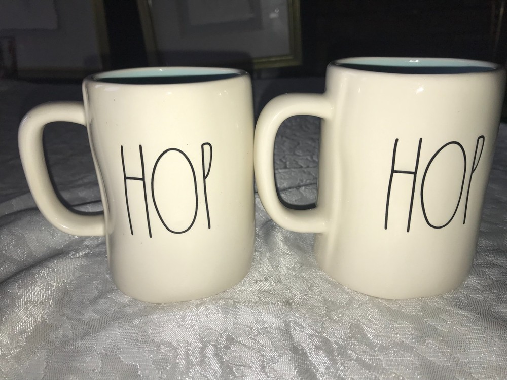 2 Rae Dunn HIP/HOP Easter BUNNY Rabbit BLUE Inside DOUBLE SIDED 16oz MUG Cup 4½"