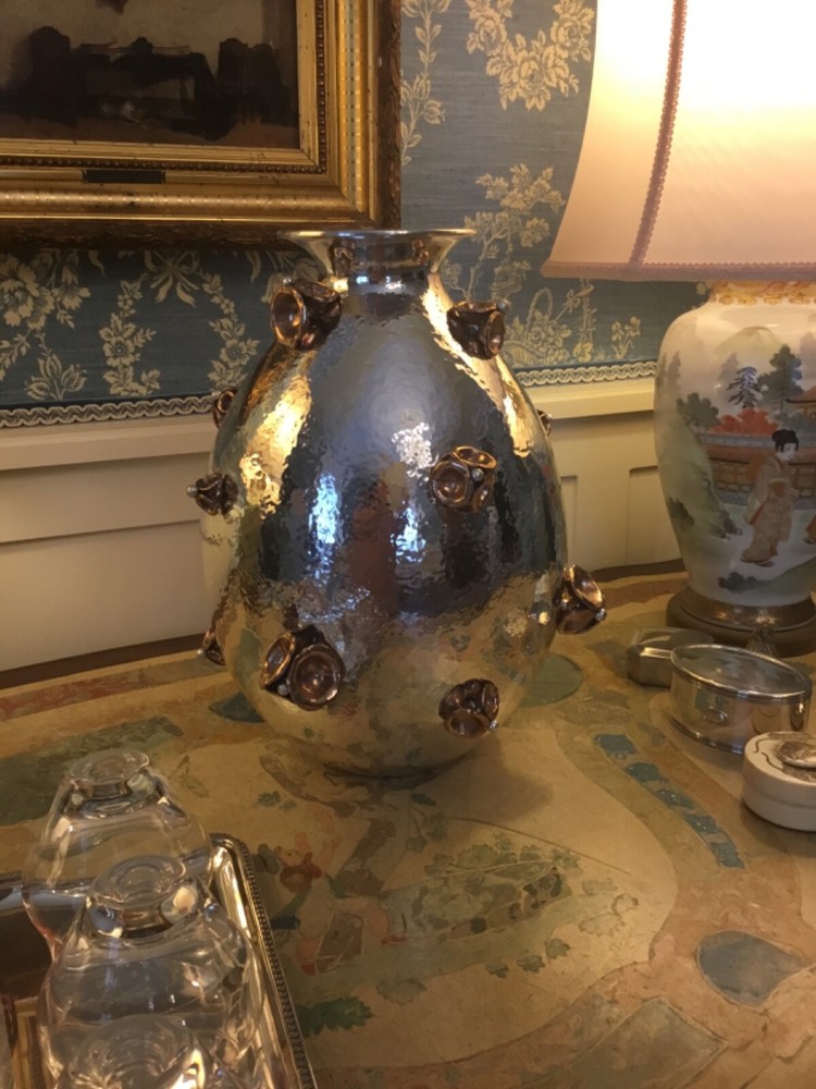 solid silver italian 1930 art deco vase, mixed metals probably GENAZZI unsigned