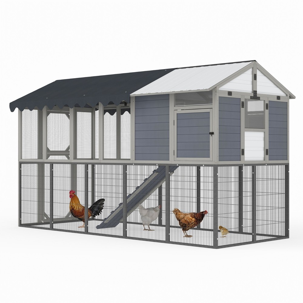 Extra Large Chicken Coop with Nesting Box, Perches and Waterproof Cover Gray