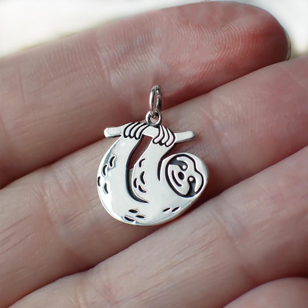 Sloth Hanging on a Tree Branch 925 Solid Sterling Silver Charm or Pendant