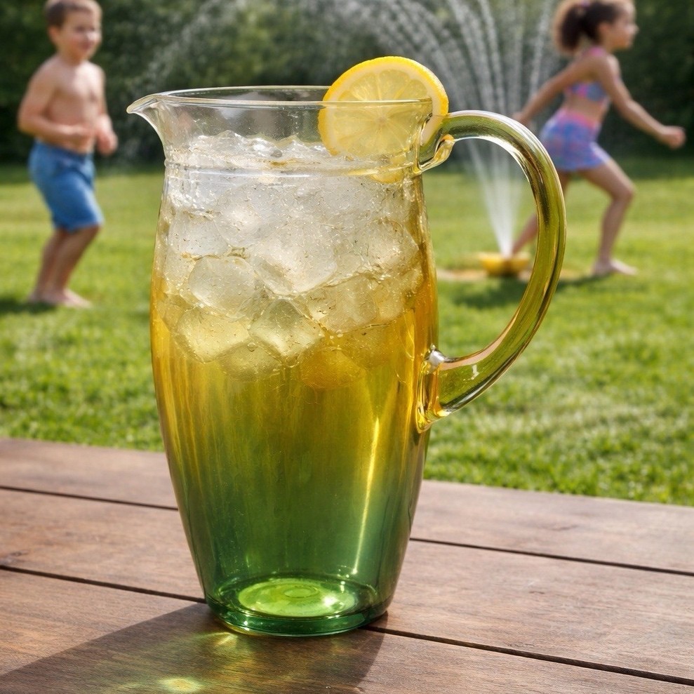 Plastic Yellow and Green Pitcher with Handle Glossy Finish 52 oz