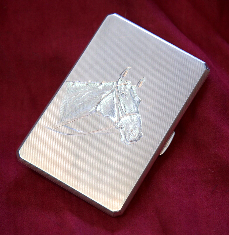 A Wilcox, Solid Sterling Silver Card, Cigar, Cigarette Case 1947 - Horse, Racing