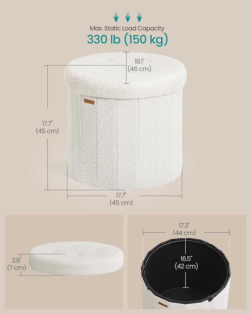 Round Storage Ottoman, Folding Footrest Stool with Removable Lid Cream White