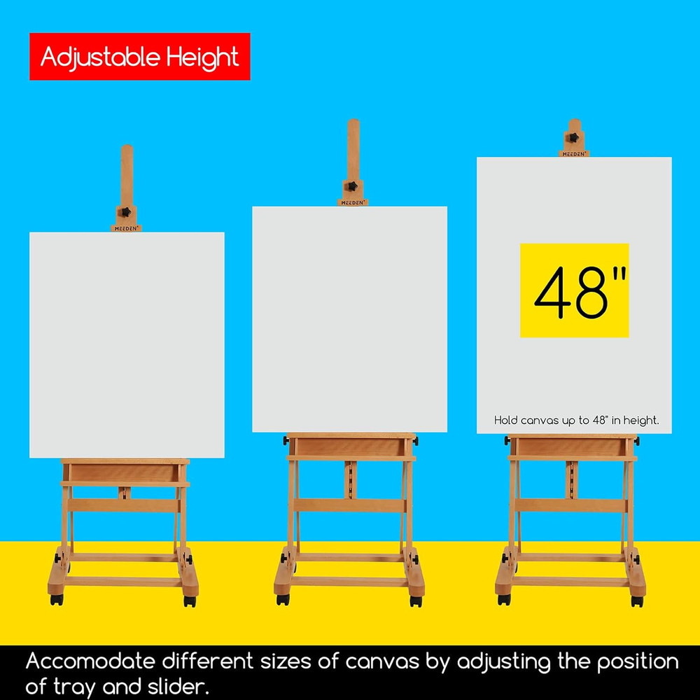 Large Studio H-Frame Beech Wood Artist Easel - Adjustable Movable Tilting Easel,
