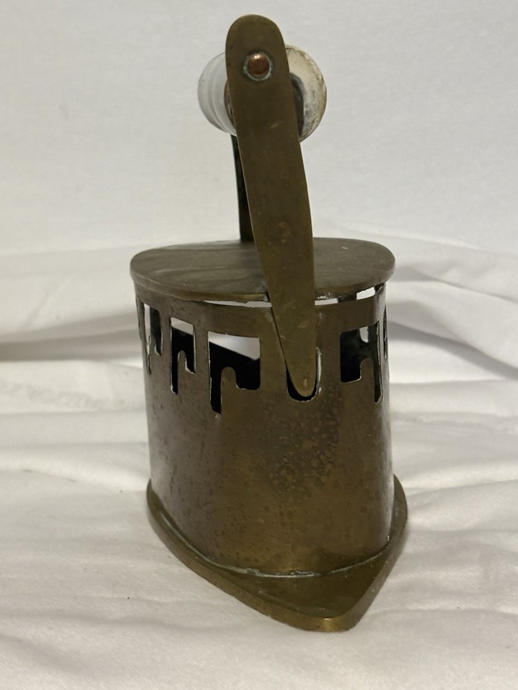 Antique Solid Brass Coal Iron Pottery Handle Dutch Delft White And Blue Handle