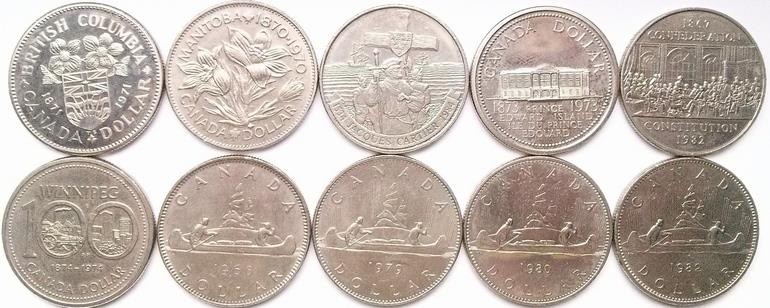 Canada 1970 - 1982 $1 Coins x 10 Different One Dollar