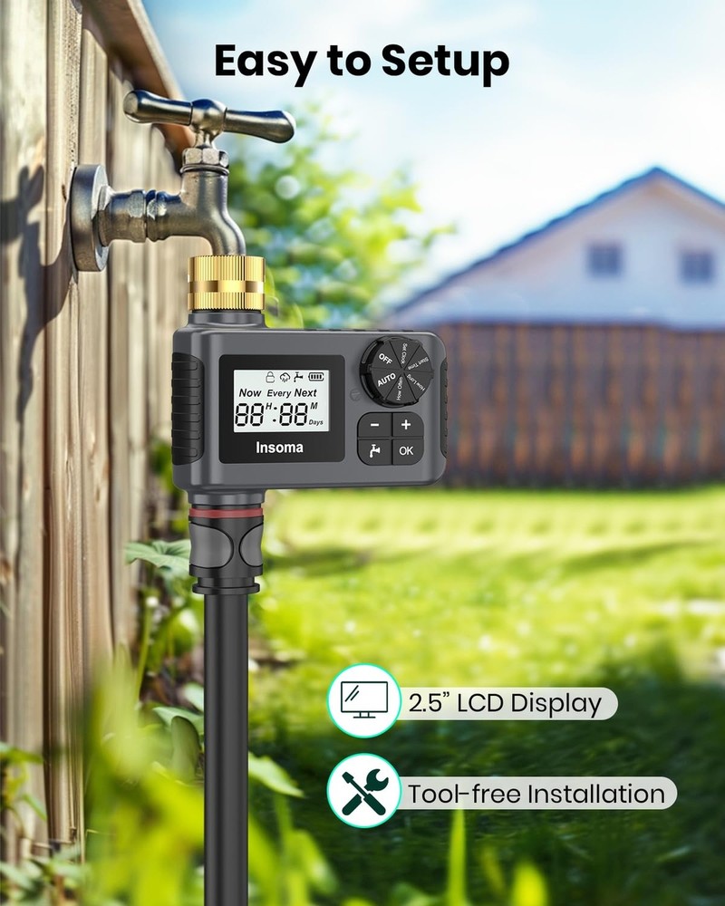 Sprinkler Timer with Brass Inlet and Outlet, Programmable Water Timer for Out...