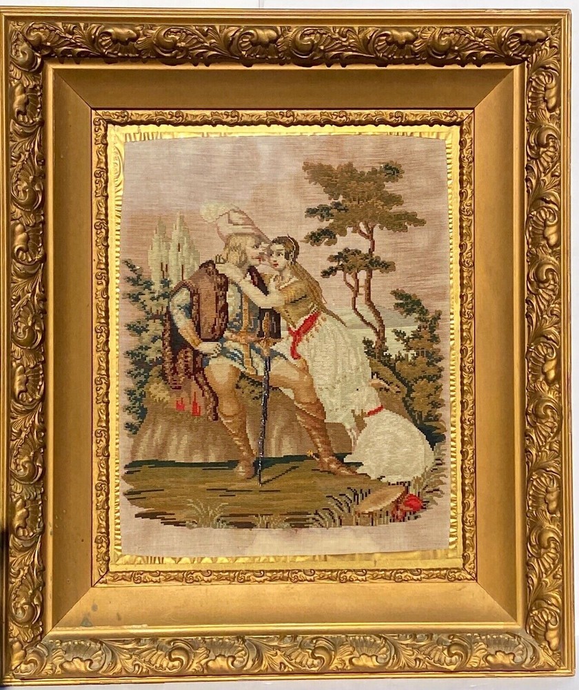 Fine Antique Victorian Shadowbox Frame & Beadwork Needlepoint Embroidery on Silk