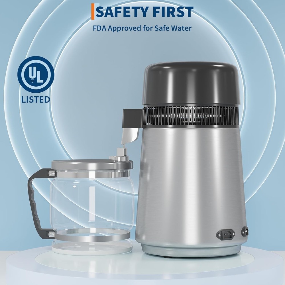 4L Water Distiller 1.1 Gallon 750W Home Water Purifier with Glass Jug Filter Set