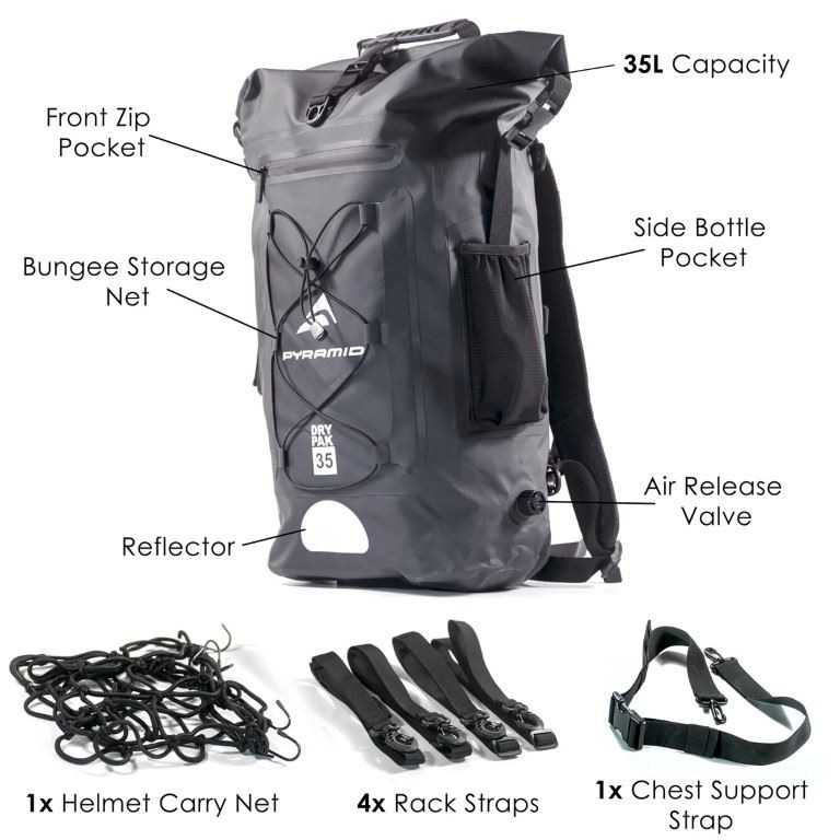 Pyramid Black Waterproof 35L Motorcycle Backpack
