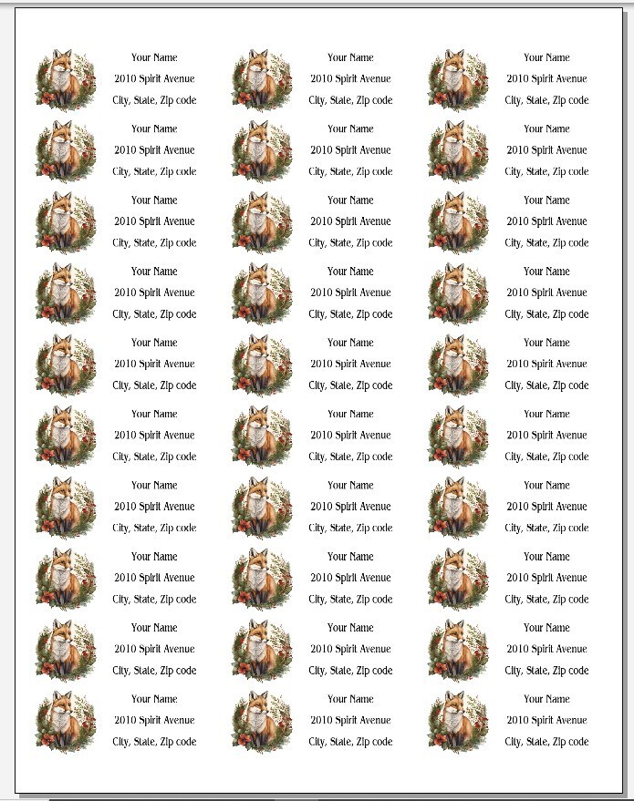 150 Christmas Red Fox Wreath Mailing Return Address Labels Personalized