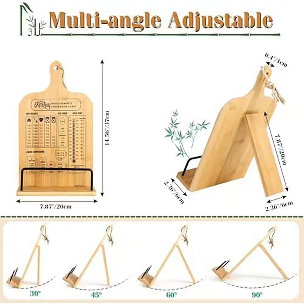Bamboo Adjustable Recipe Stand Organizer with Conversion Chart Non-Slip Counter