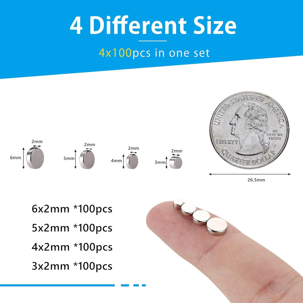 400Pcs Small Magnets, 4 Different Sizes Tiny Mini Magents, Multi-Use for Fridge,
