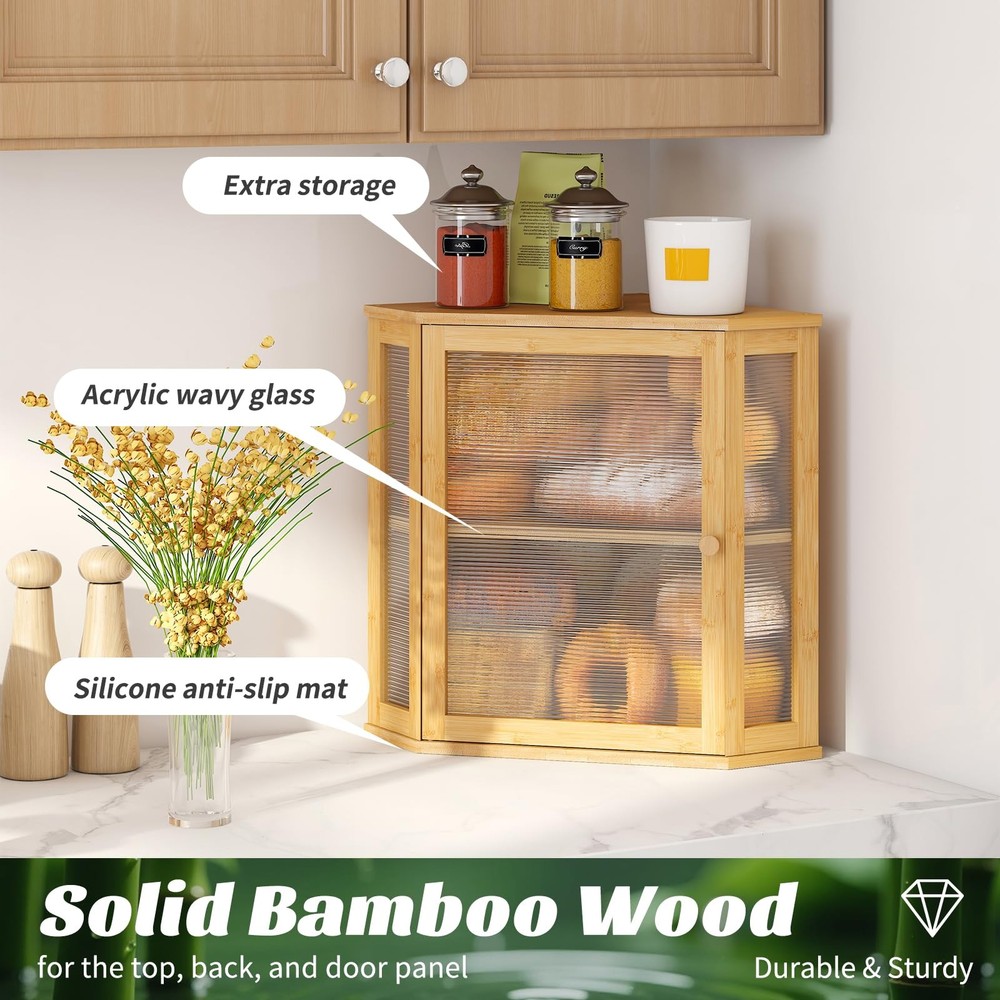 Vriccc Corner Bread Box, Large Bamboo Box for Kitchen Large, Natural