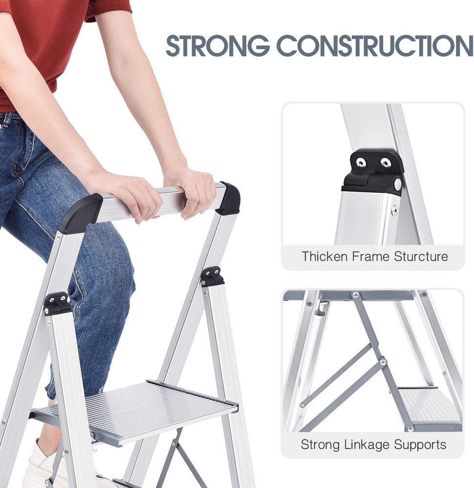 Portable Silver Step Ladder, 2-Step Design with Handrail for Easy Storage