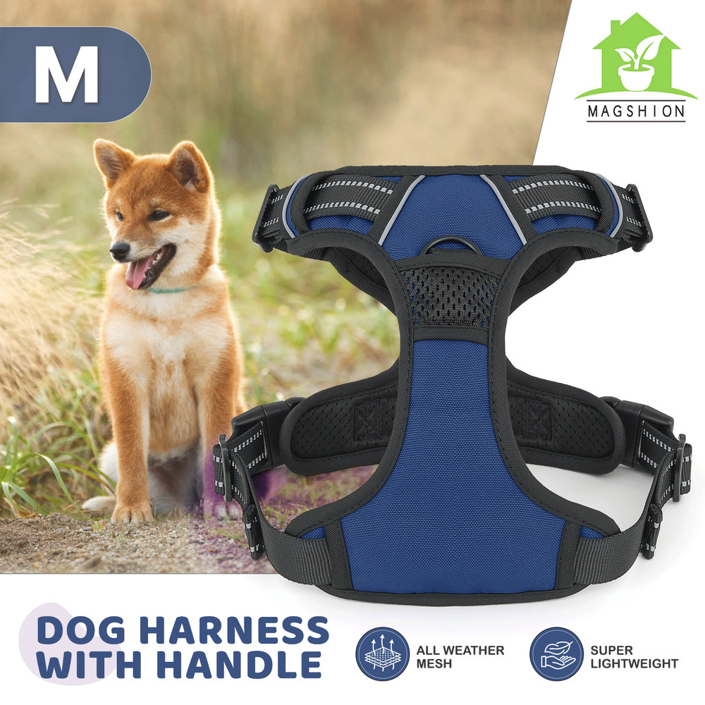 Padded Adjustable Control Pet Dog Harness Reflective Strips Navy Blue w/Handle