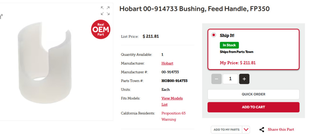 Hobart # 00-914733 Bushing, Feed Handle, FP350