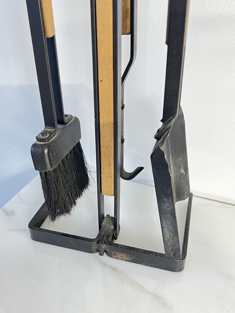 Mid Century Iron & Wood Fireplace Tool Set