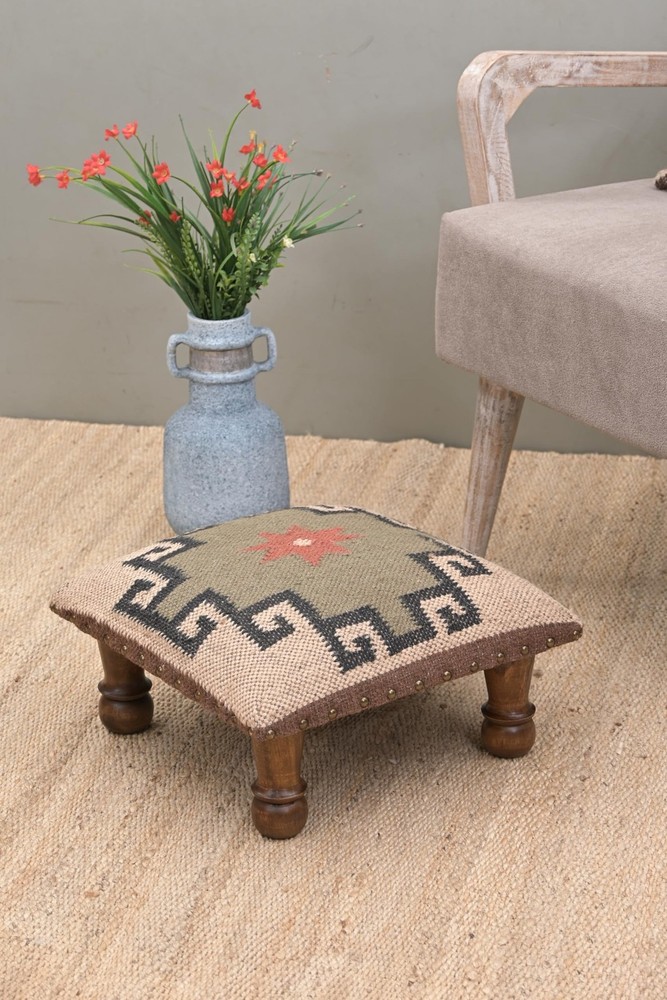 Rustic Wooden Footstool with Aztec Pattern Upholstery, 4-Legged Ottoman, Trib...