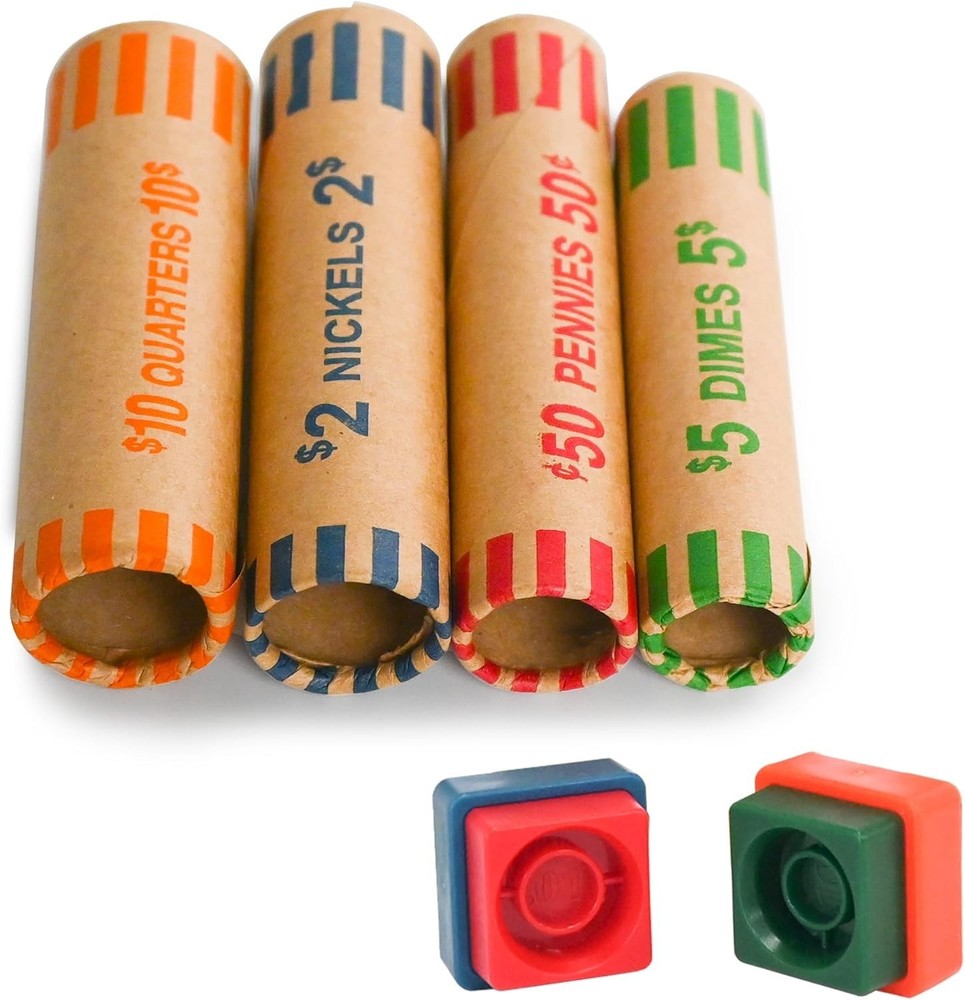60 Assorted Coin Roll Wrappers with Color Coded Coin Wrapper Crimping Tool -Q...