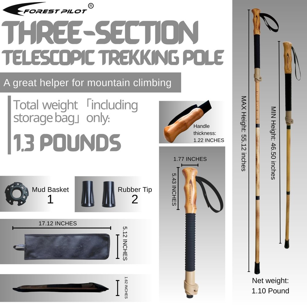 Adjustable Beech Wood Trekking Pole - Quick Flip-Lock, Leather Strap, Black