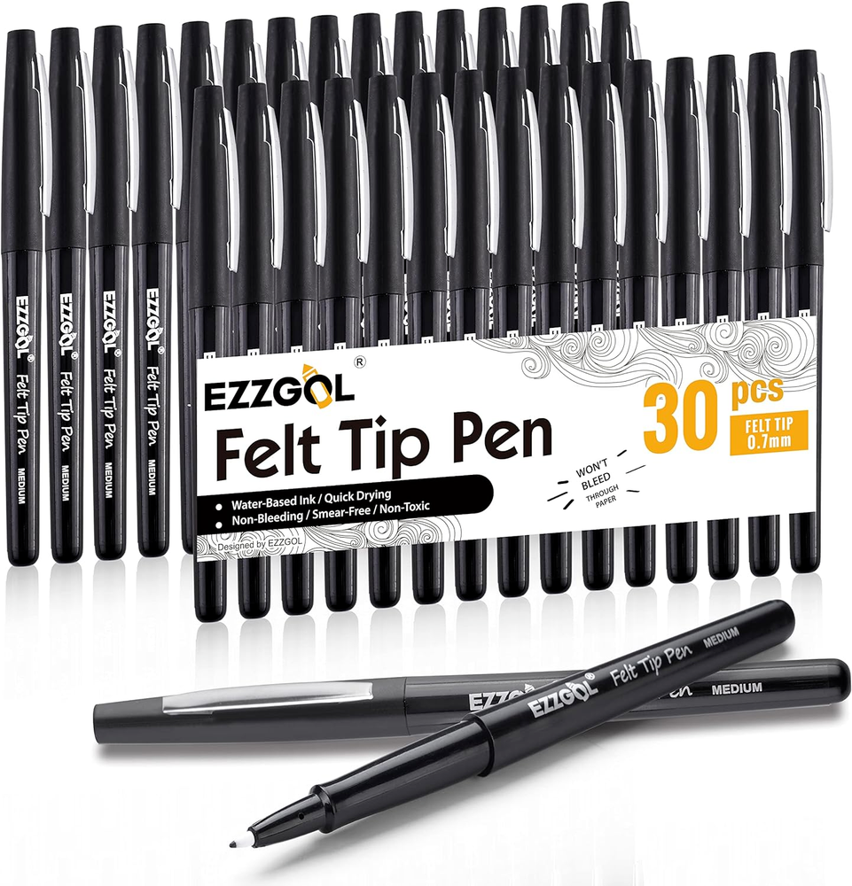 Black Felt Tip Pens, 30 Pack, 0.7Mm Premium Medium Fine Point, Felt Tip Markers