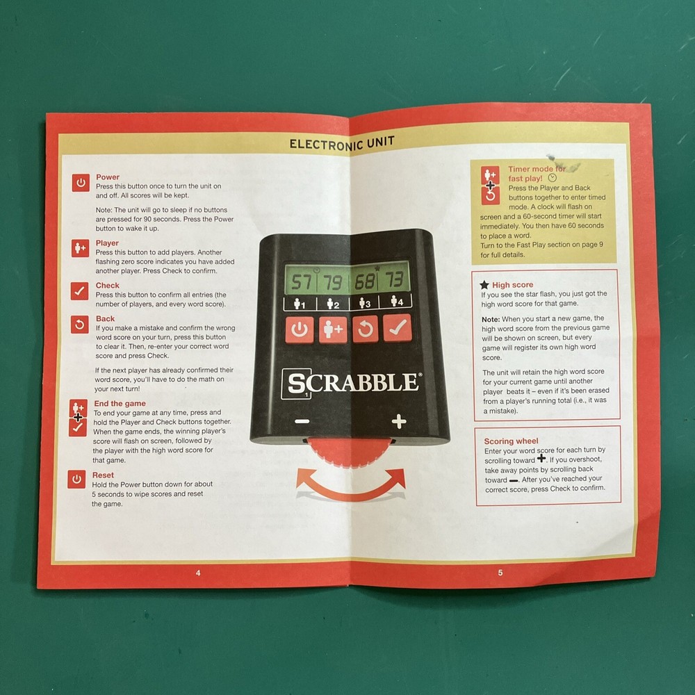 Hasbro Scrabble Handheld Scoring & Timing Unit PLUS Instruction Book. VERY GOOD.