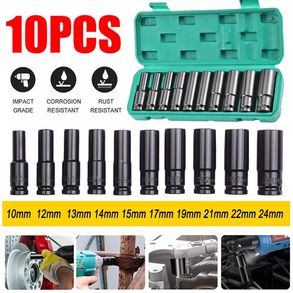 10 pc 1/2" inch Deep Impact Socket Tool Set 10-24mm Metric Garage Workshop