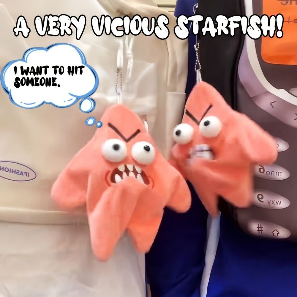 Grumpy Starfish Pink Kicking Plush Backpack Keychain Funny Cute Gift