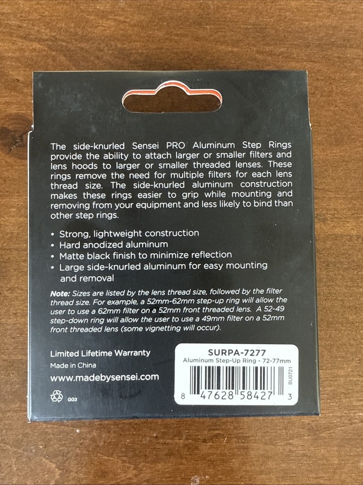 Sensei Pro Aluminum Step-up Ring 72mm-77mm
