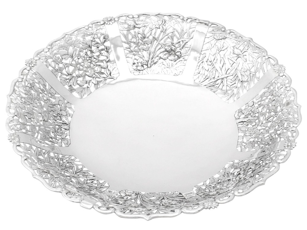 Antique Chinese Export Silver Fruit Dish Luen Hing Circa 1880