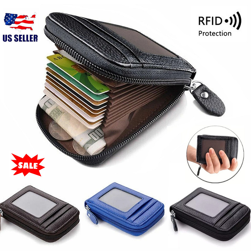 Men Genuine Leather Wallet Credit Card Holder RFID Blocking Zipper Pocket Thin