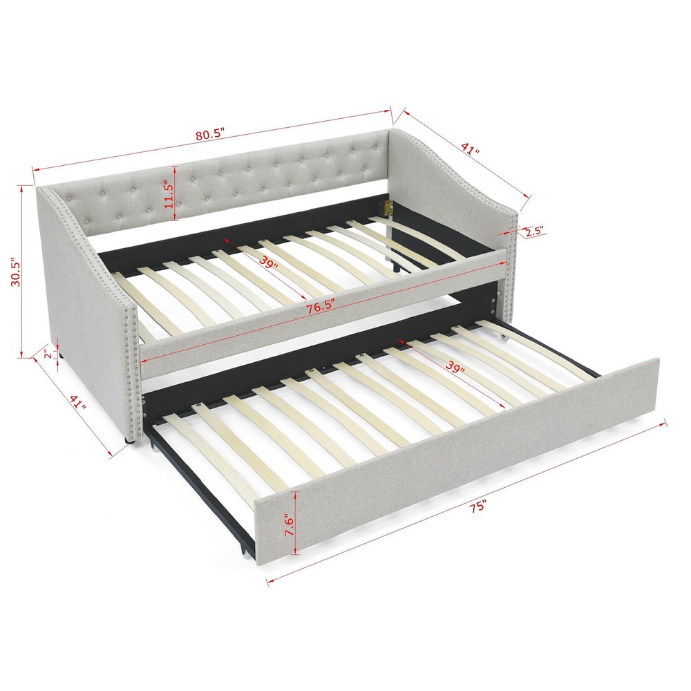Twin/Full Size Daybed w/ Pull Out Trundle Bed Upholstered Bed Frame Sofa Bed
