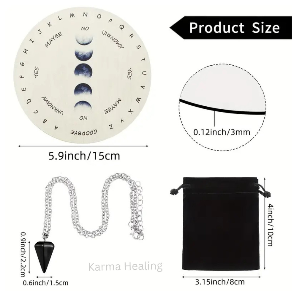 Pendulum Board Moon Phase with Black Crystal Pendulum & Pouch – 5.9"