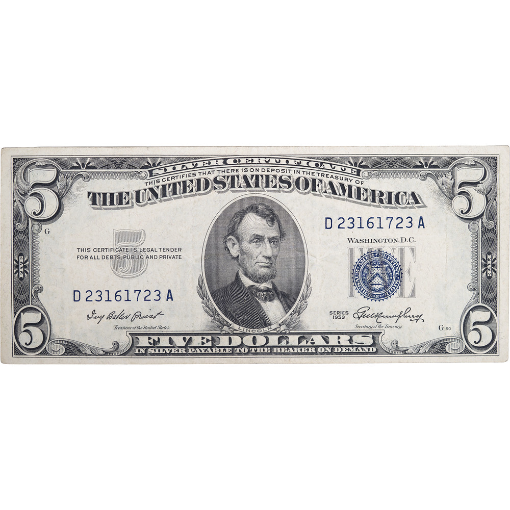 1953 $5 Blue Seal Silver Certificate Nice VF Condition