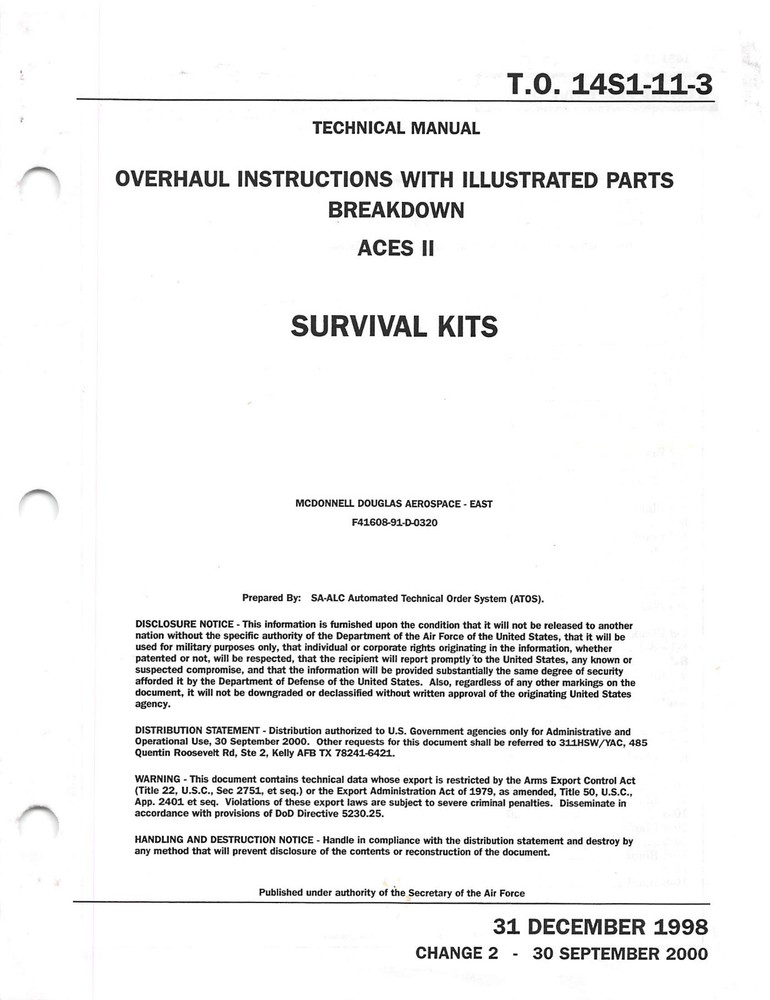 ACES II Ejection Seat Survival Kits W/Parts Breakdown Flight Manual - CD Version