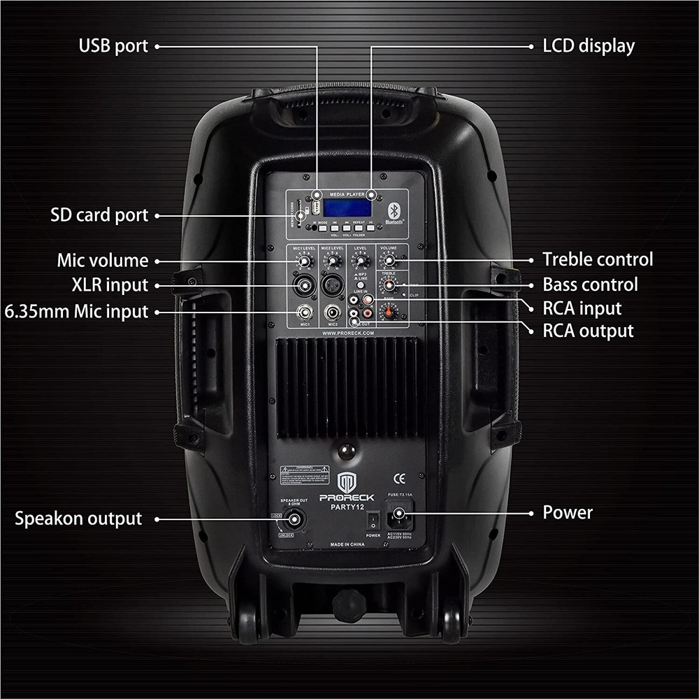 PRORECK Party 12 1000W 2-Way Powered PA Speaker System Bluetooth/USB