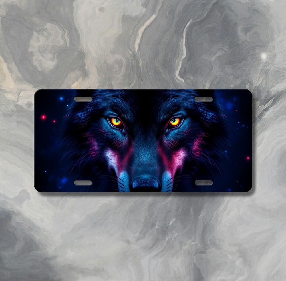 Intense Wolf License Plate Optional Text Auto Tag Anniversary Gift