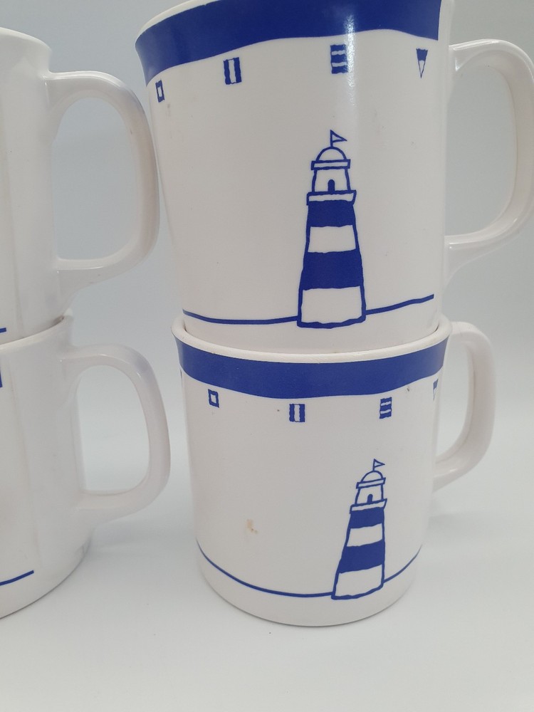 JAB MELAMINE CUPS LIGHTHOUSE AND SHIPS BLUE AND WHITE