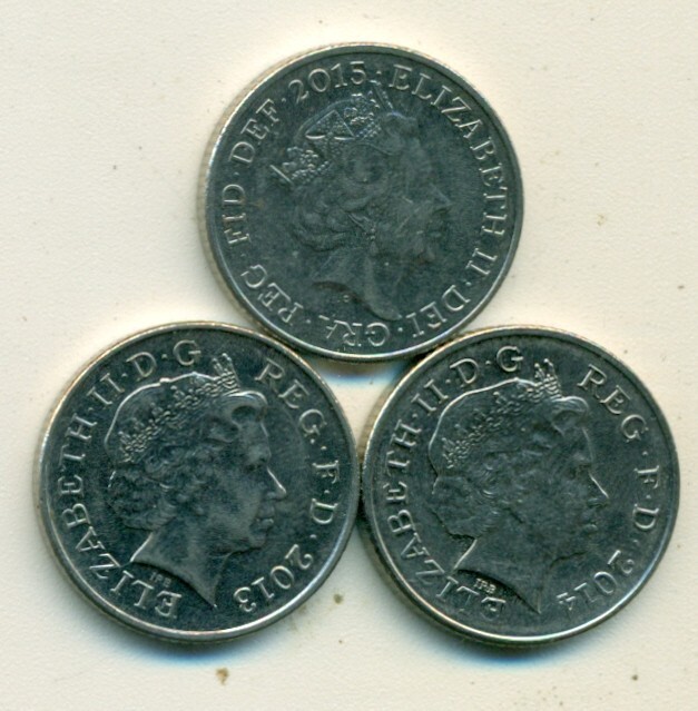 3 NICE 10 PENCE COINS from GREAT BRITAIN (2013, 2014 & 2015)