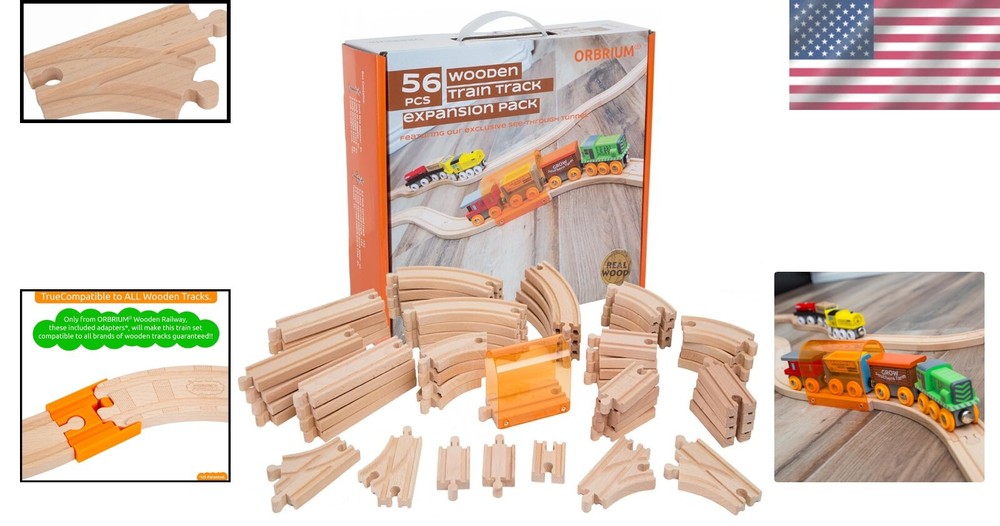 Solid Beech Wood Train Track Expansion Set - 56 Pieces with See-Through Tunnel