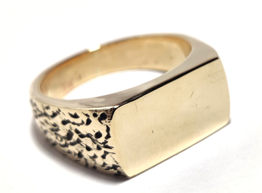 Solid 925 Sterling Silver Gold Plated Rectangle Signet Ring - Textured Men's Ban