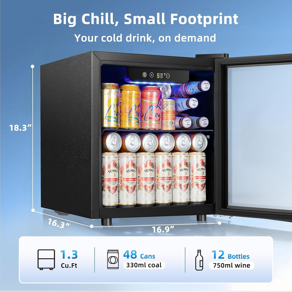 48 Can Beverage Refrigerator, 12 Bottle Mini Fridge with Seamless Stainless Stee