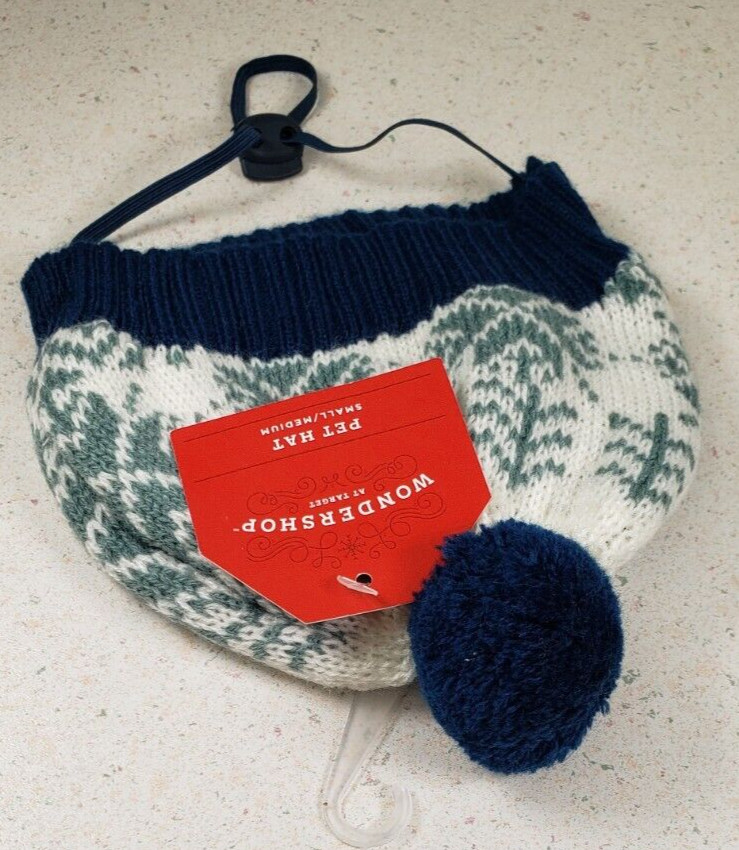 Christmas Dog Hat Blue Pom Pom Adjustable Elastic size Small/Medium