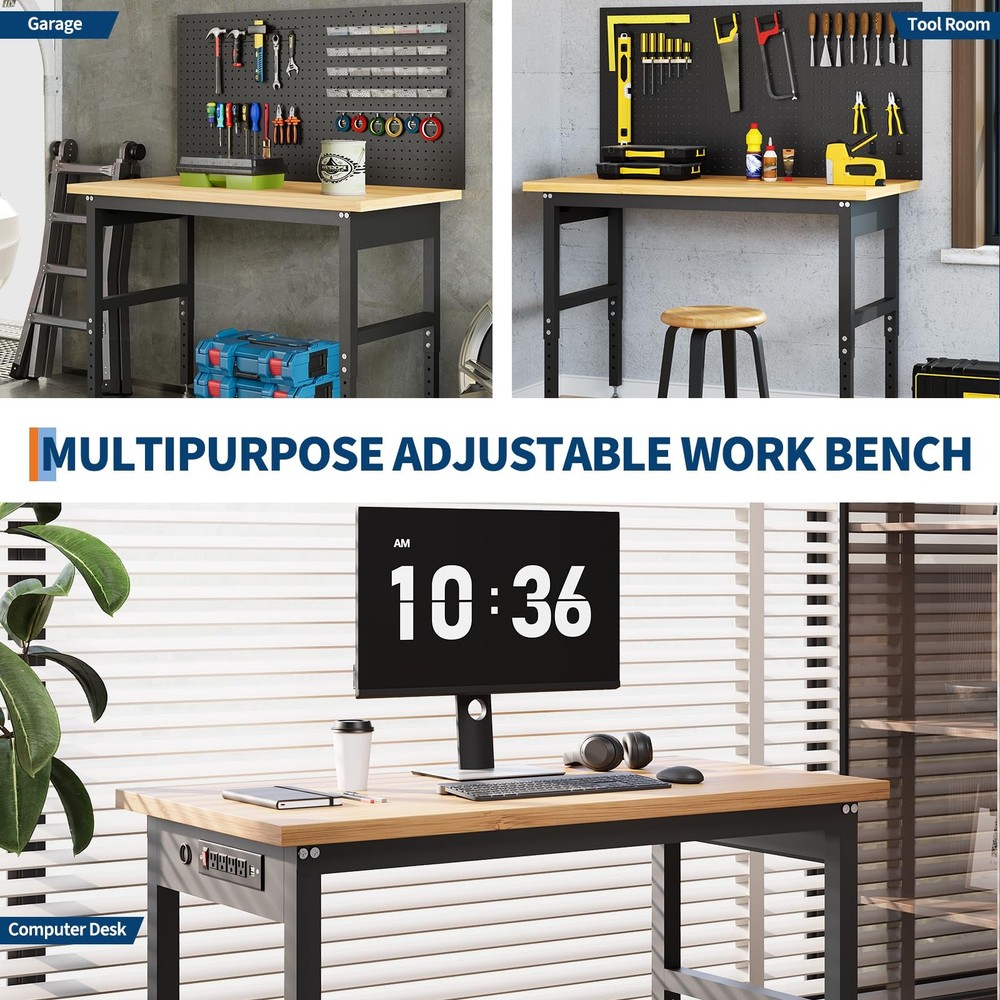 48" Workbench with Pegboard Wall,2000lbs Garage Table, 28-40" Adjustable Height